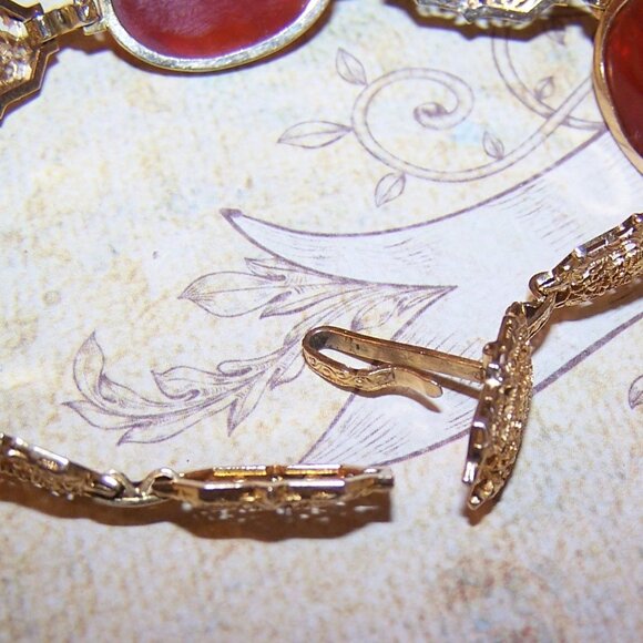 Art Deco 14K Gold Carved Carnelian Flower Filigree Link Bracelet - 7" Long - Picture 7 of 8